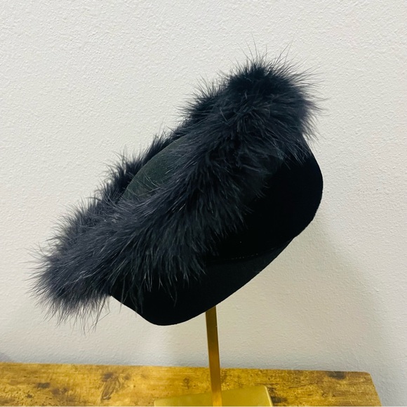 Elegant Black Wool Pill Box Church Hat Feather-Trimmed  with Rhinestone Detail main image 5